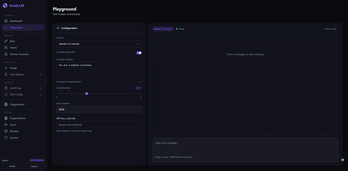 VoidLLM Playground with chat interface and model selector